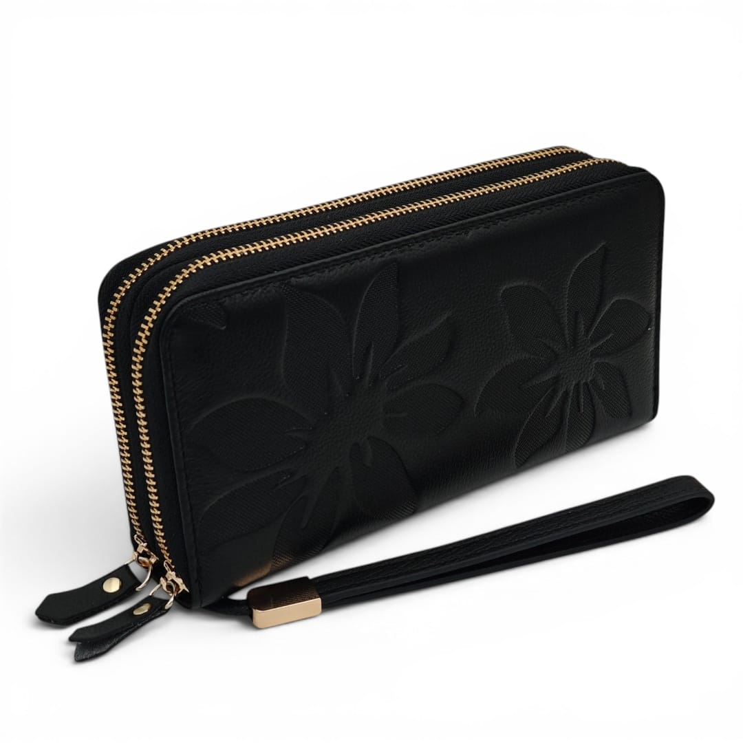 Portofel Damă din Piele Naturală Negru cu Două Fermoare și Compartiment Telefon Floral Elegant P01