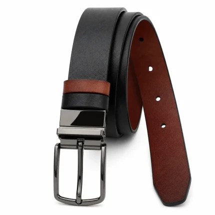 Curea bărbați din piele naturală reversibilă negru maro cu cataramă metalică Darius