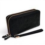 Portofel Damă din Piele Naturală Negru cu Două Fermoare și Compartiment Telefon Floral Elegant P01