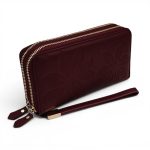 Portofel Damă din Piele Naturală Bordo cu Două Fermoare și Compartiment Telefon Floral Elegant P01