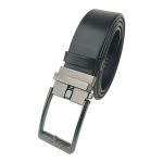 Curea bărbați neagră din piele naturală EVROS 45918-2, 3,5 cm, cataramă automată cu buton gri metalizat