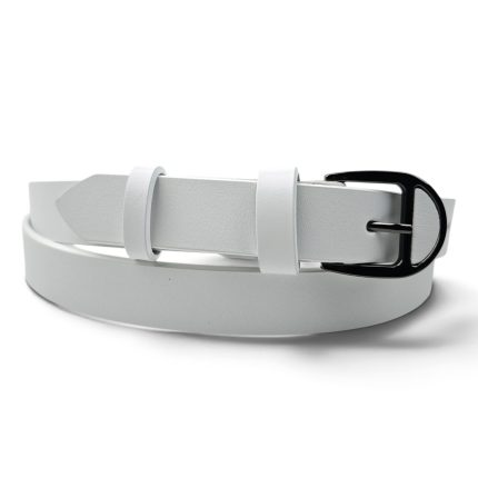 Curea damă albă din piele naturală EVROS CD-02A, 2,5 cm, rulată, cu cataramă negru lucios cu ac