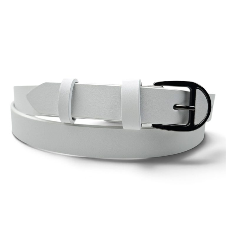 Curea damă albă din piele naturală EVROS CD-02A, 2,5 cm, rulată, cu cataramă negru lucios cu ac