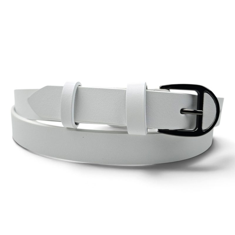Curea damă albă din piele naturală EVROS CD-02A, 2,5 cm, rulată, cu cataramă negru lucios cu ac