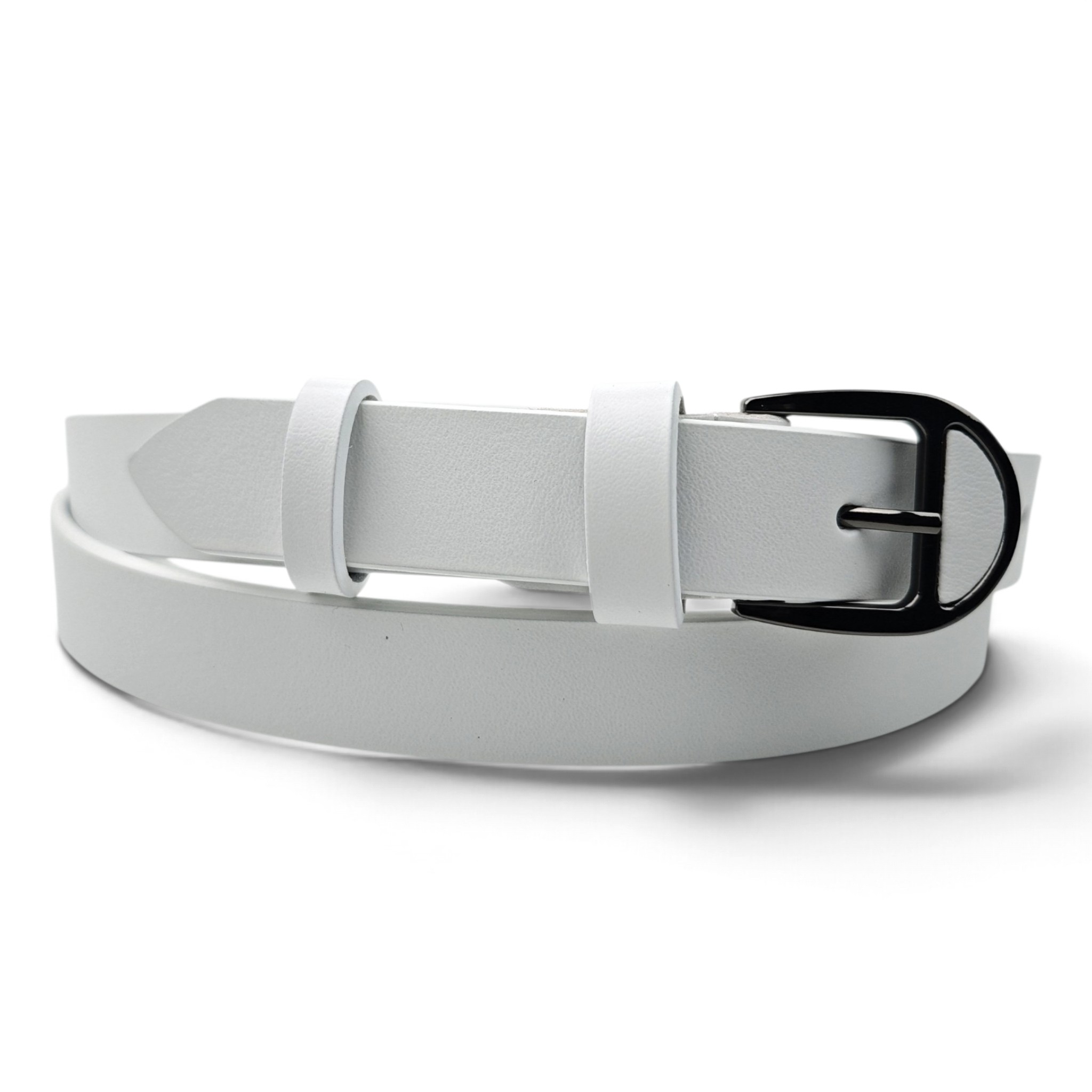 Curea damă albă din piele naturală, 2,5 cm, cataramă negru lucios cu ac – EVROS CD-02A (3) Curea damă albă din piele naturală EVROS CD-02A, 2,5 cm, rulată, cu cataramă negru lucios cu ac