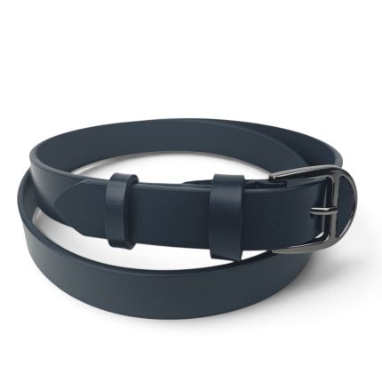 Curea damă bleumarin închis din piele naturală EVROS CD-02B, 2,5 cm, rulată, cu cataramă negru lucios cu ac