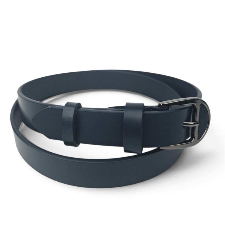Curea damă bleumarin închis din piele naturală EVROS CD-02B, 2,5 cm, rulată, cu cataramă negru lucios cu ac