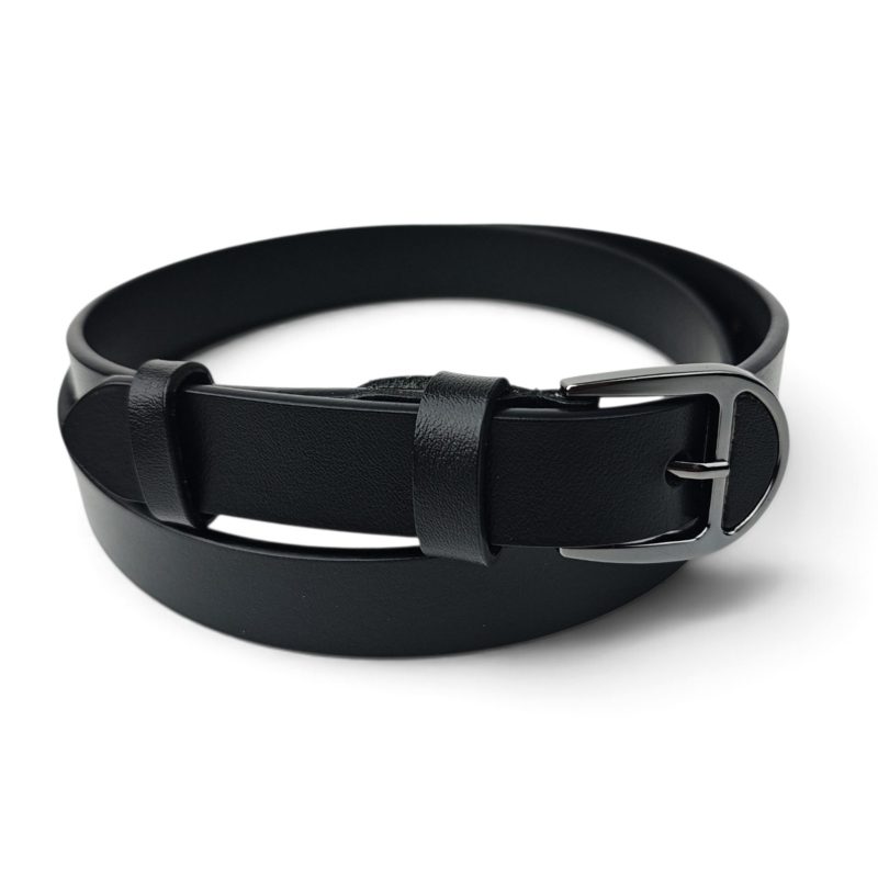 Curea damă neagră din piele naturală EVROS CD-02N, lățime 2,5 cm, cataramă negru lucios cu ac