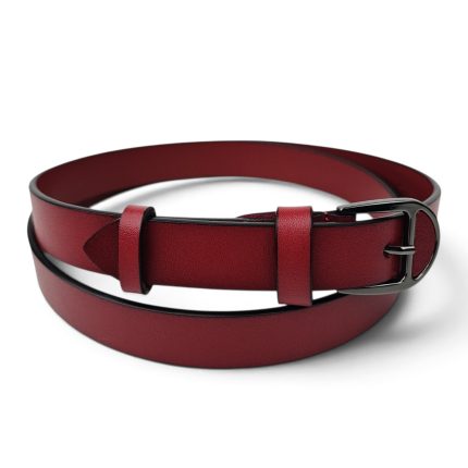 Curea damă roșu închis din piele naturală EVROS CD-02R, 2,5 cm, rulată, cu cataramă negru lucios cu ac