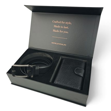 Set cadou bărbați EVROS SC-01 – Curea automată 3,5 cm și portofel din piele naturală, Negru